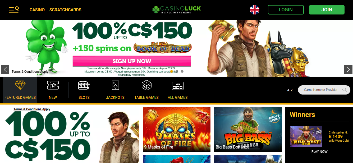 CasinoLuck welcome bonus homepage.