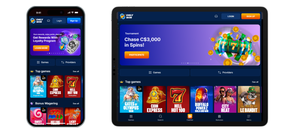 The FS Wheel offers up to 100 High Bet Free Spins for a lucky round. Onlywin Casino Mobile App