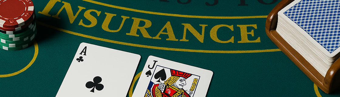 Blackjack table setup with cards and casino chips.